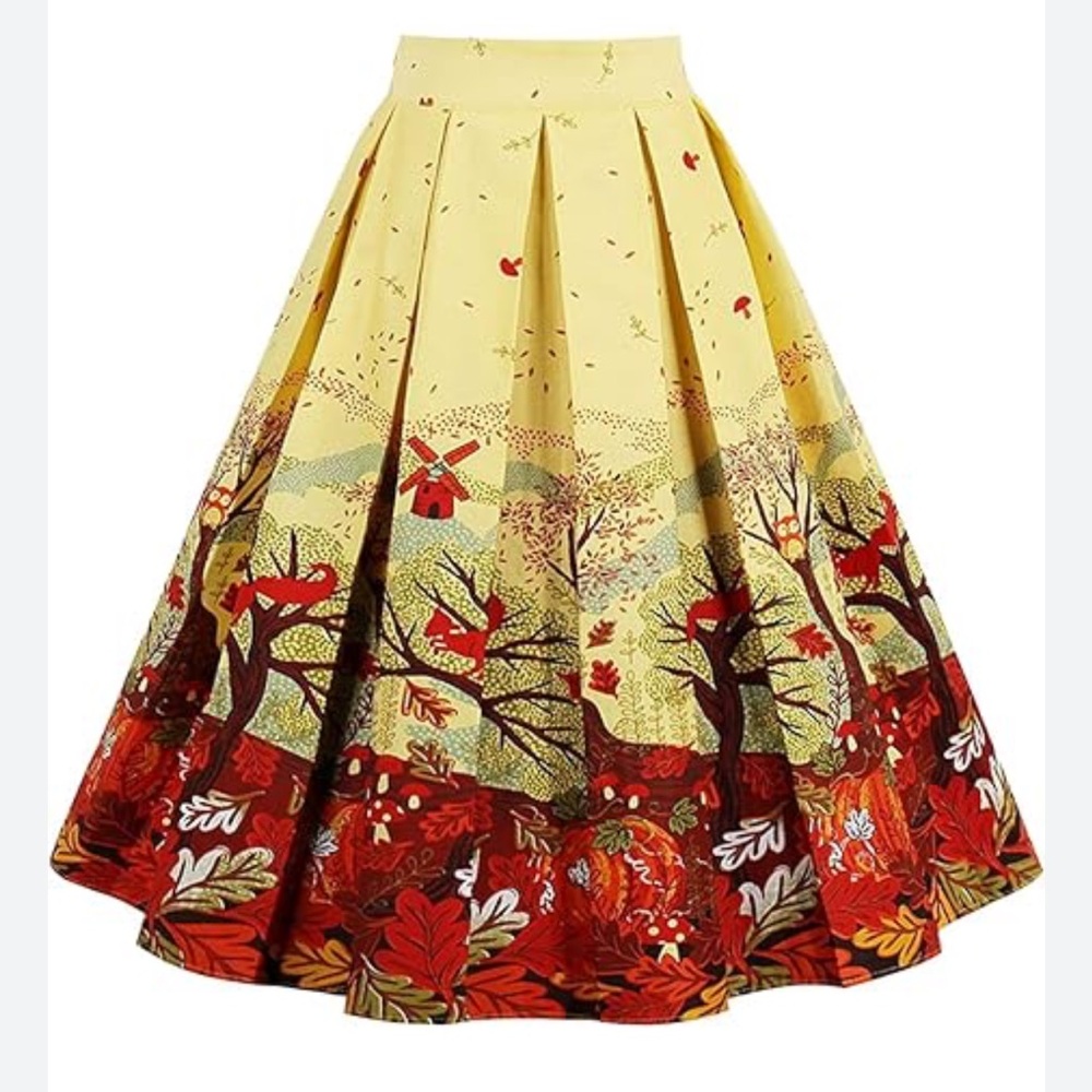 Yellow Scenes of Fall Autumn Leaves Print Pleated A Line Cotton Skirt Size XS